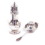 A silver sugar caster, of baluster form, Birmingham 1994, and a silver sifting spoon/tea strainer, S