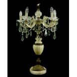 An Italian alabaster brass and cut glass five branch table lamp, with crystal drops and swags, the s