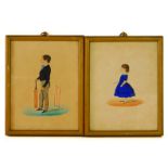 English School (Early 19thC). Boy standing with a cricket bat by the stumps, girl standing holding a