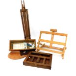 A Reeves picture stand, further stand, easel, pallet and a box containing assorted paints, etc. (a q