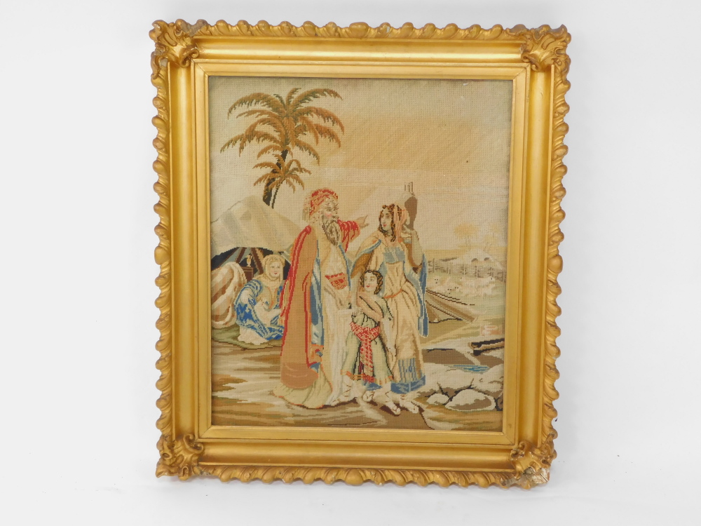 An early 19thC petit point picture, depicting figures and animals in a desert, gilt framed, 52.5cm h - Image 2 of 2
