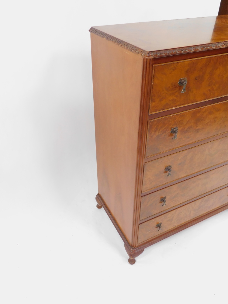 A mid century mahogany and burr walnut chest, of five long drawers, raised on cabriole legs, 113cm h - Image 4 of 4