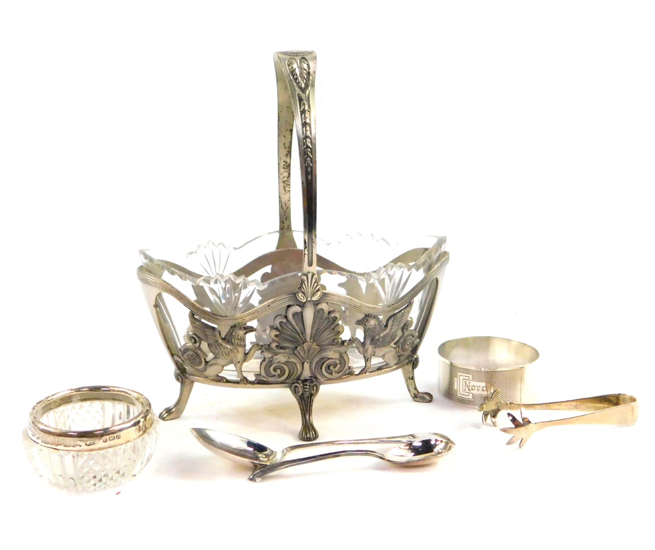 A WMF Regence style cut glass and silver plated basket, embossed with acanthus leaves and griffins,