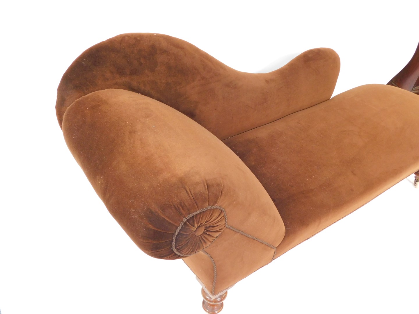 A Victorian mahogany chaise longue, upholstered in brown velour, raised on turned legs, brass capped - Image 3 of 4