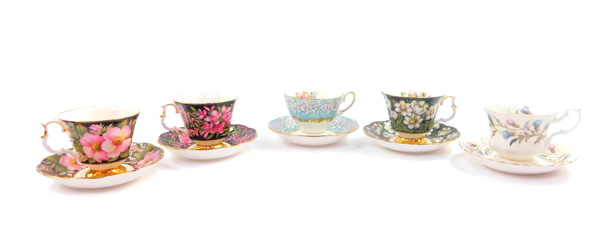 Three Royal Albert porcelain tea cups and saucers, decorated in the Provincial Flowers pattern, comp