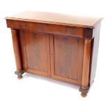 A Victorian flame mahogany chiffionier base, with one long cushion drawer over a pair of panelled do