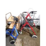 A metal framed mobility walker, with tray, and a other mobility aides. (4)