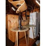 Two circular tables, together with a chrome bar stool and a towel rail. (4)