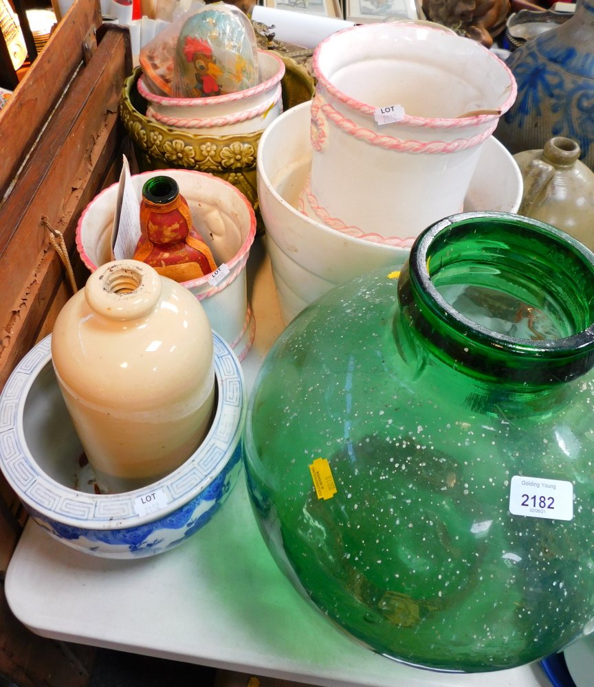 A pressed moulded globular vase, blue and white transfer printed ware, jardiniere, plant stand, etc.