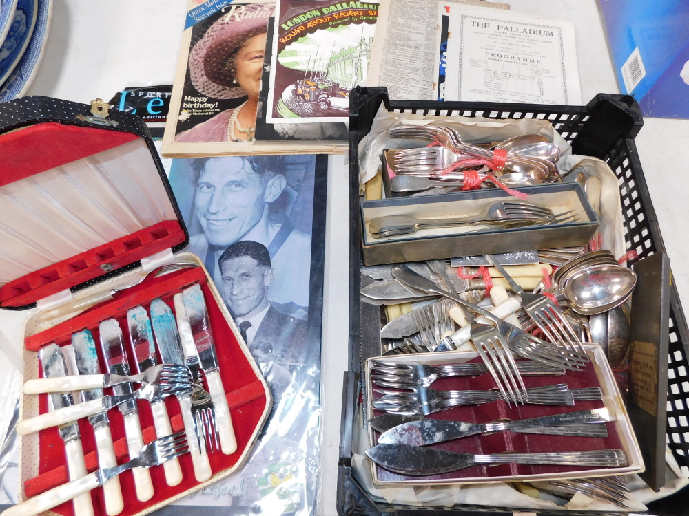 Silver plated flatware, some cased., together with London Palladium theatre programmes 1936, etc. (