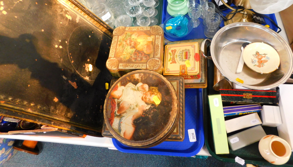 Various tins, bygones, collectables, Hohner mouth organ, toleware style tray, etc. (2 trays)