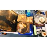 Various tins, bygones, collectables, Hohner mouth organ, toleware style tray, etc. (2 trays)