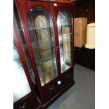 A mahogany effect display cabinet, enclosing three glass shelves, 167cm high, 90cm wide, 38cm deep.