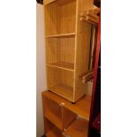 A beech effect office unit, 89cm high, 85cm wide, 39cm deep, together with a pine effect bookcase, 1