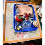 Linen, embroidery, brass ware, Welsh cruet set, tomato embroidered pin cushion, etc. (1 tray and ot