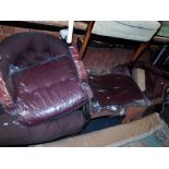 A revolving armchair and foot stool, both upholstered in maroon PVC, together with a spoon back armc