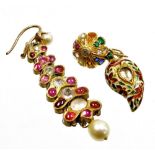 Two individual Indian style earrings, to include a multicoloured stone set enamelled design earring,