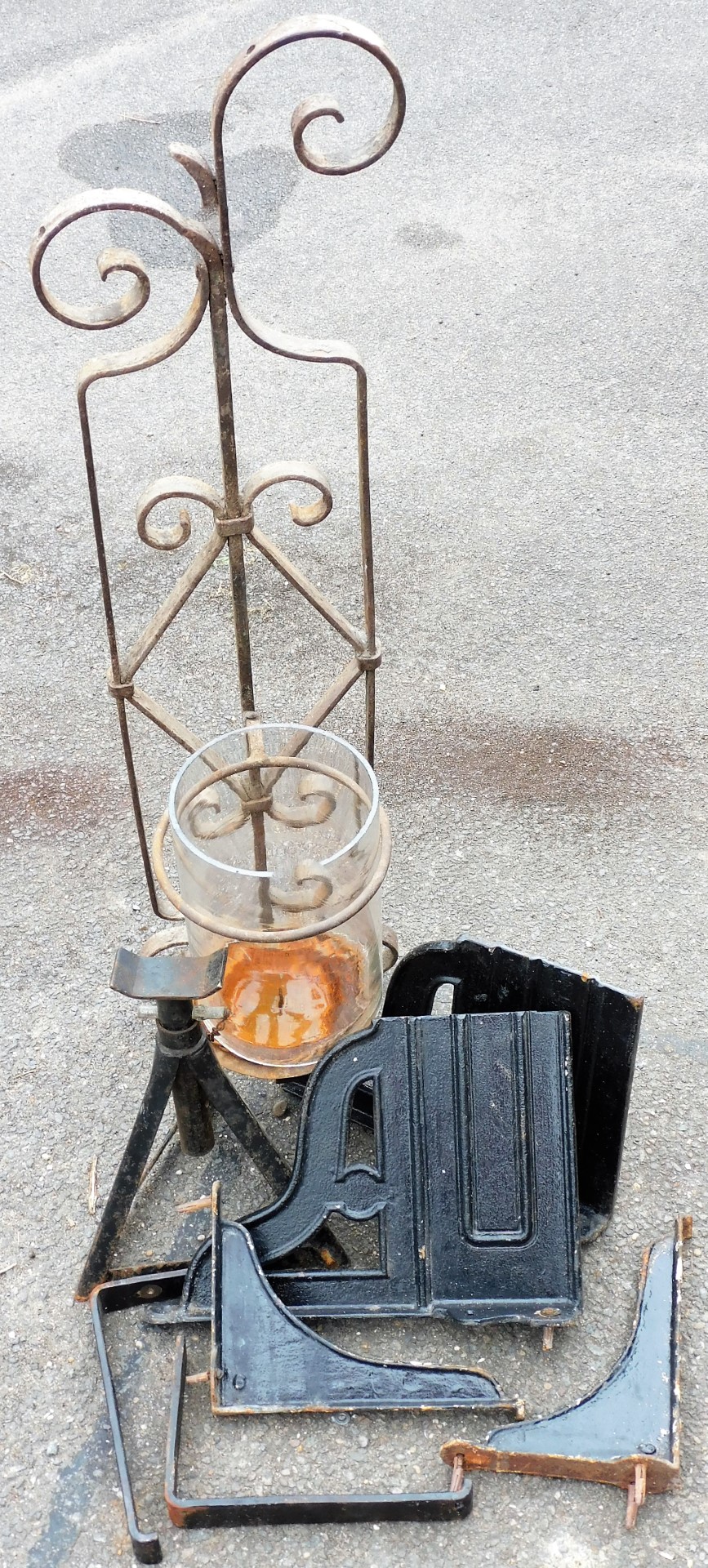 Various garden items, to include cast metal hanging basket bracket, a jack and wall mounted candle s