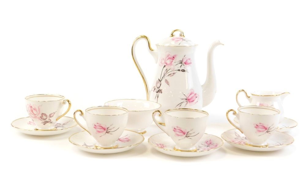 A Shelley bone china part tea service, comprising teapot numbered 14128, milk jug, sugar bowl, four