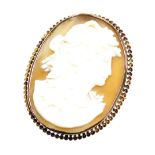 A shell cameo brooch, depicting a maiden looking dexter, the frame with rope twist border, on single