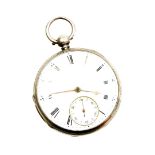 A Victorian silver pocket watch, with white enamel dial, seconds dial and silvered hands, on a key w