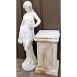 A reconstituted stone figure of a Greek Goddess, carrying pitchers, on a plinth base with a marbled