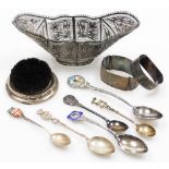 A small group of silver and effects, to include a white metal filigree bowl, a silver framed brush o