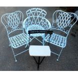 Various metal outside chairs, to include a metal armchair painted in pale blue, two bistro chairs al