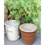 Three garden planters, to include a stoneware brown glazed example, 44cm high, a cream example and a