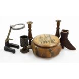 A group of various treen and effects, to include a small treen boot, 8.5cm high, a wooden trinket bo