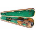 A late 19thC two piece back violin, bearing label for Amati, in a fitted case, the violin 60cm long.