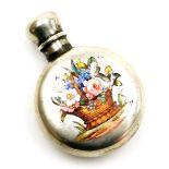 A small Victorian silver and enamel scent bottle, with detailing of flowers in a basket (AF) in a si