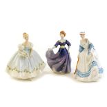 Three Royal Doulton ladies, to include Summertime HN3137, 19.5cm high, First Dance HN2803, 20cm high