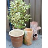 Four garden planters, to include a brown circular garden planter with ivy tree, 40cm high, a further