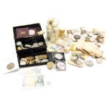 Various decimal and pre decimal coinage, bank notes and stamps, to include pennies, one pennies, shi