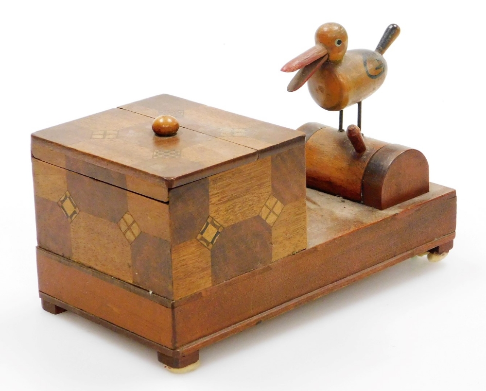 An early 20thC Japanese parquetry cigarette dispenser, with a bird picker, 18cm wide. - Image 2 of 4