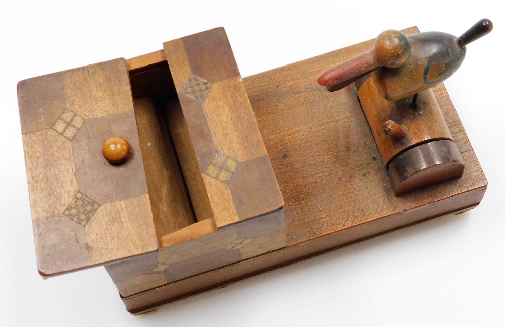 An early 20thC Japanese parquetry cigarette dispenser, with a bird picker, 18cm wide. - Image 3 of 4