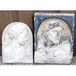 Two reconstituted stone wall plaques, each depicting figures of ladies, 50cm and 45cm.