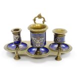 A continental brass and enamel ink stand, with blue enamel gilt and white applied decoration, 22cm h