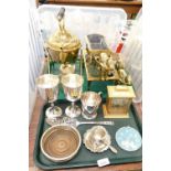 Various silver plated and brassware, to include goblets, coasters, egg cup and spoon, mantel clock,