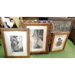 Various carved wood framed prints and a Victorian maple framed print, together with an oak framed mi