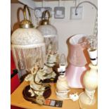 Various table lamps, to include a pair of fairy figure table lamps, with glass shades and tassels, a