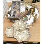 Various household effects, to include wall mounted light, three shell silver plated dish, a painted