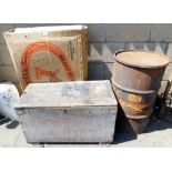 Outdoor effects, to include a pine tool box and contents of various tools, an oil drum stamped South