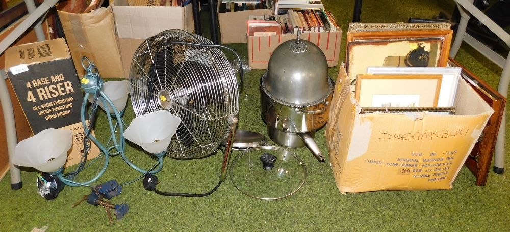 Various light fittings and household effects, to include floor fan, dome and cover, vice, pictures,