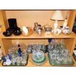 Household effects and glassware, to include kitchen accessories, mantel clock, two table lamps, vari