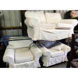 A white covered two seater sofa and two matching armchairs, the sofa, 95cm high, 164cm wide, 83cm de