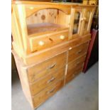 A Victorian pine chest of drawers and a modern pine television cabinet, the stripped pine six drawer