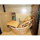 Various household effect, to include an artist easel, miniature trolley, coat hangers, wicker basket