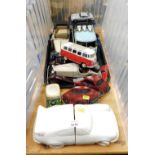 Various cars, to include car door stops, egg cup, Burago car, camper vans, Austin Martin DB5 model,